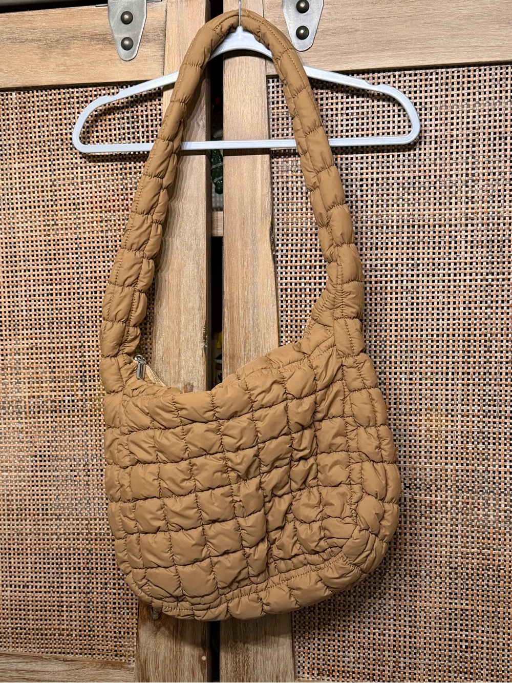 Quilted Puffer Shoulder Bag in Camel Tan